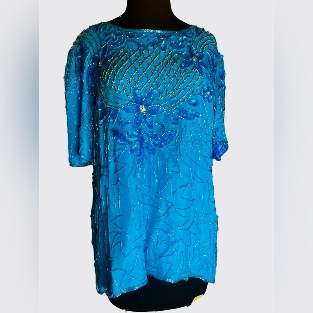Vtg Blue Turquoise Silk Bold Shoulder Floral Beaded Embroidered Sequin Blouse L